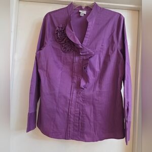 Worthington Purple Blouse. Flower Accent and Ruffle. Buttom Down Dress Blouse.
